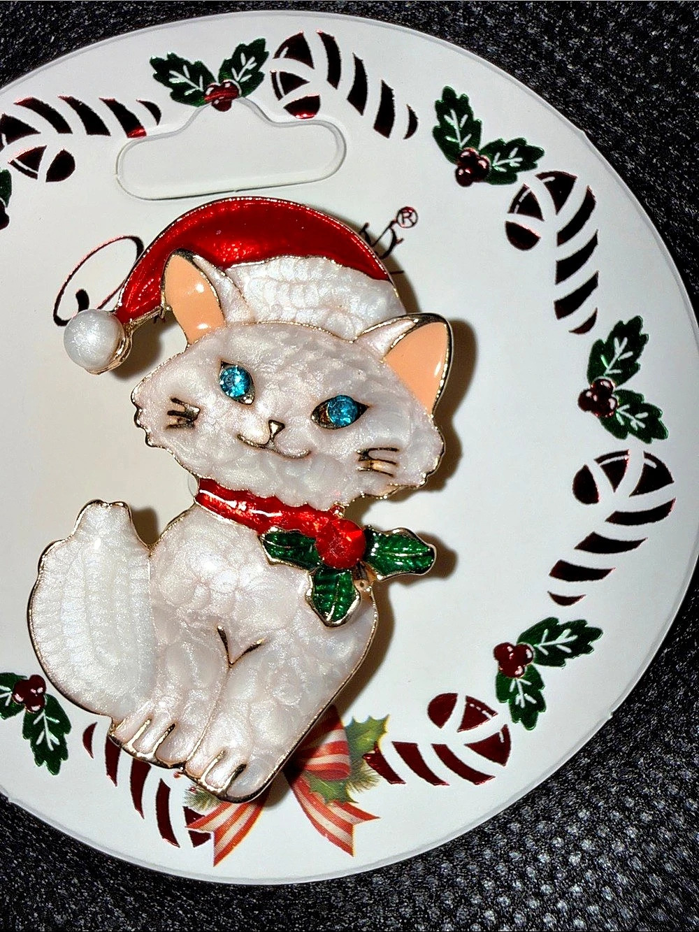 Cat Christmas Brooch White & Red